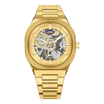Gold-tone automatic skeleton watch with a matching gold-tone metal link bracelet, featuring a visible mechanical movement through the open dial and a date window at the 6 o'clock position.