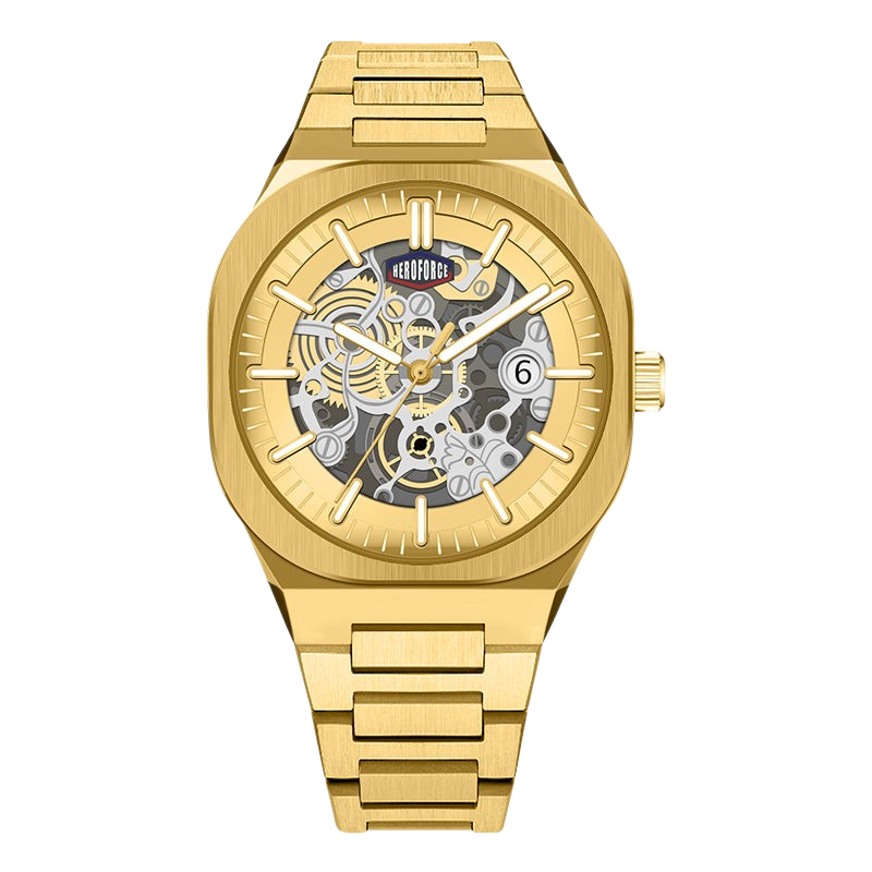 Gold-tone automatic skeleton watch with a matching gold-tone metal link bracelet, featuring a visible mechanical movement through the open dial and a date window at the 6 o'clock position.