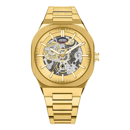 Gold-tone automatic skeleton watch with a matching gold-tone metal link bracelet, featuring a visible mechanical movement through the open dial and a date window at the 6 o'clock position.