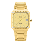 Gold-tone men's analog watch with a square bezel, matching gold dial, and integrated link bracelet on a white background.