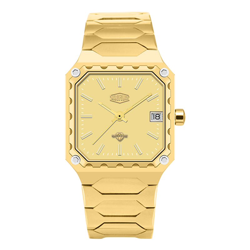 Gold-tone men's analog watch with a square bezel, matching gold dial, and integrated link bracelet on a white background.