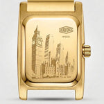 Gold-tone rectangular watch case with a raised backplate featuring an engraved city skyline illustration and the HIEROFORCE logo, shown on a light gray background.