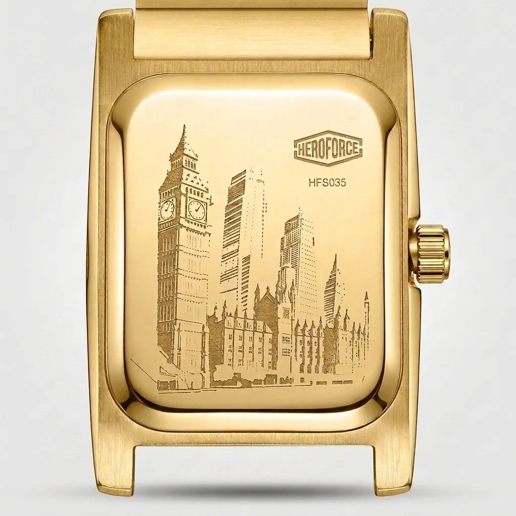 Gold-tone rectangular watch case with a raised backplate featuring an engraved city skyline illustration and the HIEROFORCE logo, shown on a light gray background.