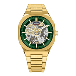 Gold-tone stainless steel automatic watch with a green skeleton dial showing the inner mechanical movement, on a white background.