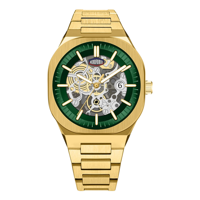 Gold-tone stainless steel automatic watch with a green skeleton dial showing the inner mechanical movement, on a white background.