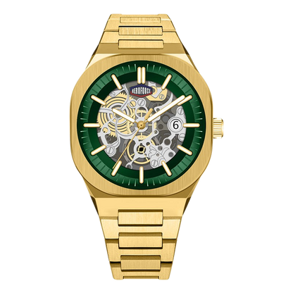 Gold-tone stainless steel automatic watch with a green skeleton dial showing the inner mechanical movement, on a white background.