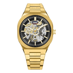 Gold-tone stainless steel skeleton watch with a black dial, gold-tone hands and markers, and a date window at 3 o'clock, shown on a plain white background.