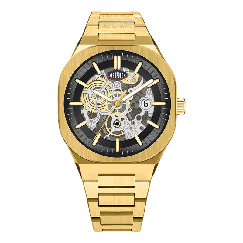 Gold-tone stainless steel skeleton watch with a black dial, gold-tone hands and markers, and a date window at 3 o'clock, shown on a plain white background.
