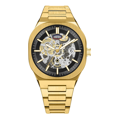 Gold-tone stainless steel skeleton watch with a black dial, gold-tone hands and markers, and a date window at 3 o'clock, shown on a plain white background.