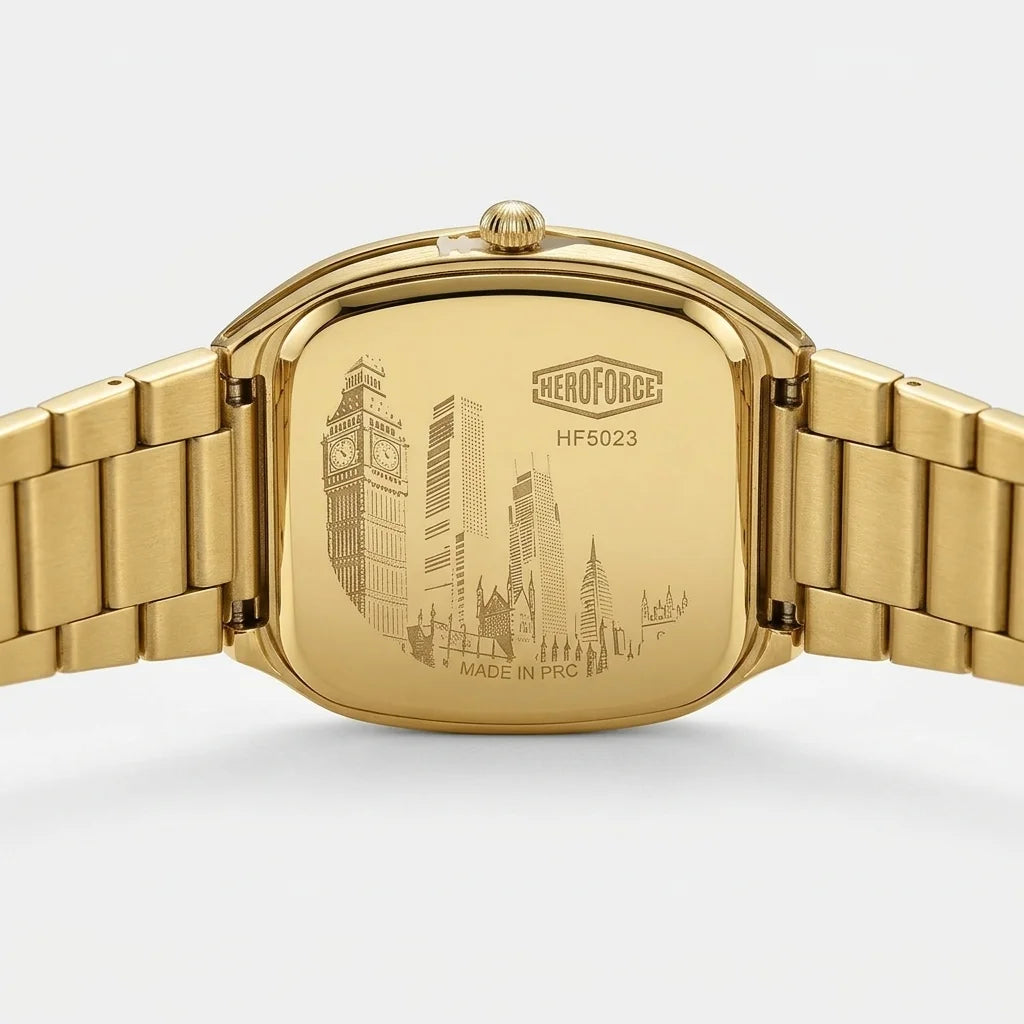 Gold-tone stainless steel watch case and bracelet, shown from the back with an engraved London cityscape.