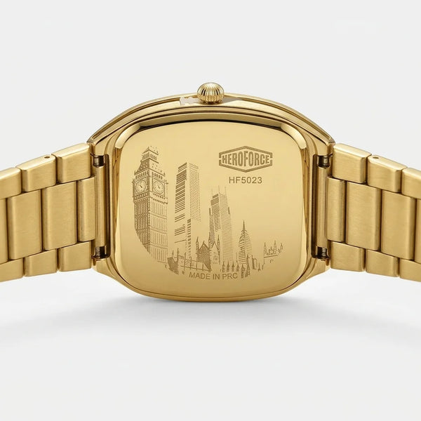Gold-tone stainless steel watch case and bracelet, shown from the back with an engraved London cityscape.