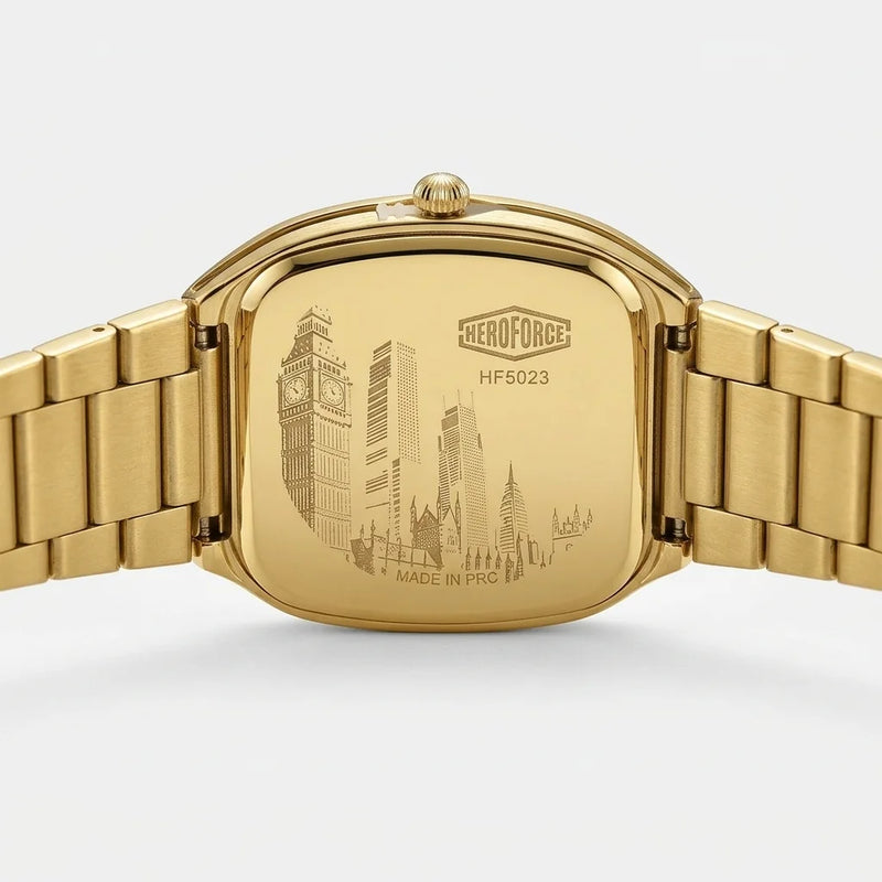 Gold-tone stainless steel watch case and bracelet, shown from the back with an engraved London cityscape.