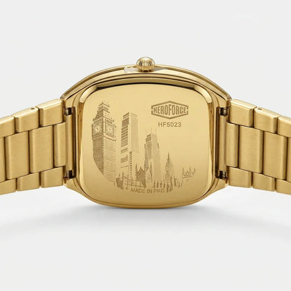 Gold-tone stainless steel watch case and bracelet, shown from the back with an engraved London cityscape featuring Big Ben and the brand name HEROFORCE.