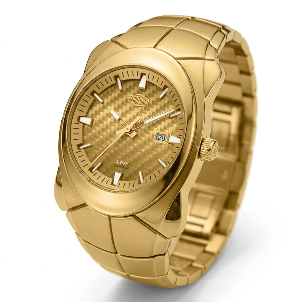 Gold-tone stainless steel watch with a textured carbon-fiber-patterned dial and matching gold-tone link bracelet, shown on a light gray background.