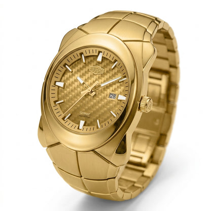 Gold-tone stainless steel watch with a textured carbon-fiber-patterned dial and matching gold-tone link bracelet, shown on a light gray background.