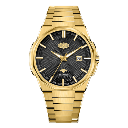 Gold-tone stainless steel watch with black textured dial, date display, and integrated bracelet