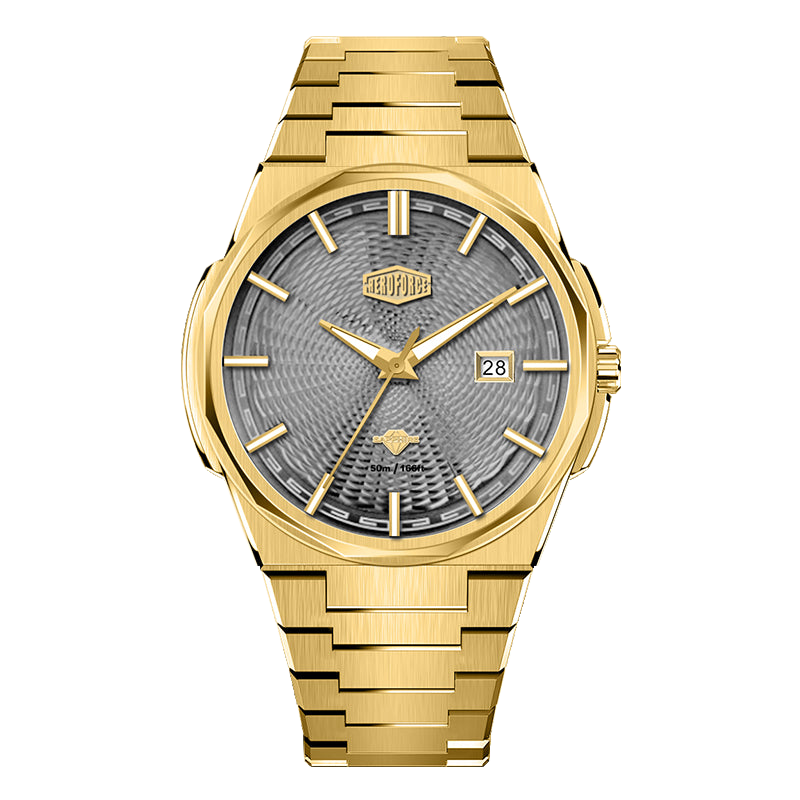 Gold-tone stainless steel watch with grey textured dial, date display, and integrated bracelet