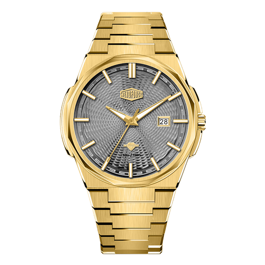 Gold-tone stainless steel watch with grey textured dial, date display, and integrated bracelet