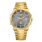 Gold-tone stainless steel watch with grey textured dial, date display, and integrated bracelet
