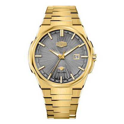 Gold-tone stainless steel watch with grey textured dial, date display, and integrated bracelet