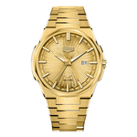 Gold-tone stainless steel watch with matching gold textured dial, date display, and integrated bracelet