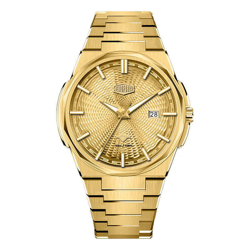 Gold-tone stainless steel watch with matching gold textured dial, date display, and integrated bracelet