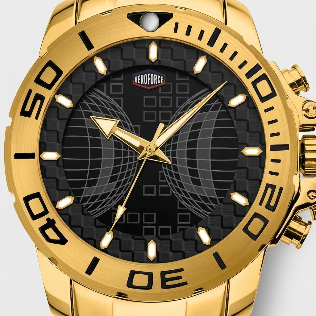 Gold-tone stainless steel wristwatch with a black textured dial, gold-tone hands and markers, and a rotating bezel with black numerals. The brand name 'HEROFORCE' is visible on the dial.