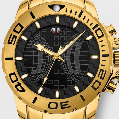 Gold-tone stainless steel wristwatch with a black textured dial, gold-tone hands and markers, and a rotating bezel with black numerals. The brand name 'HEROFORCE' is visible on the dial.