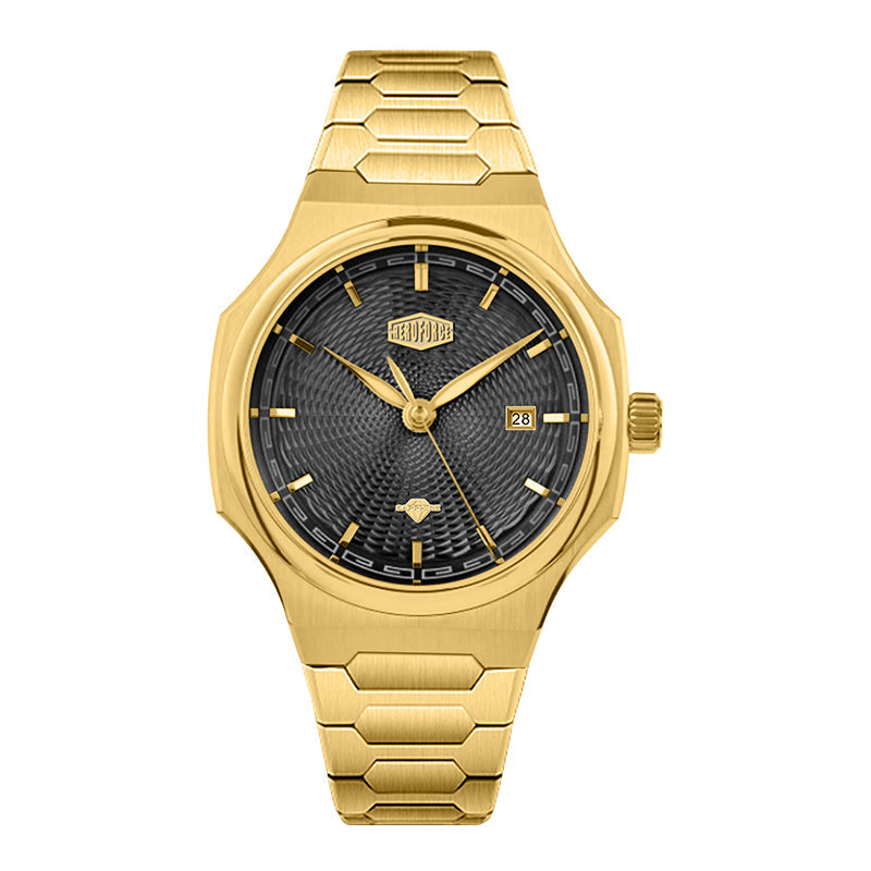 gold black dial watch