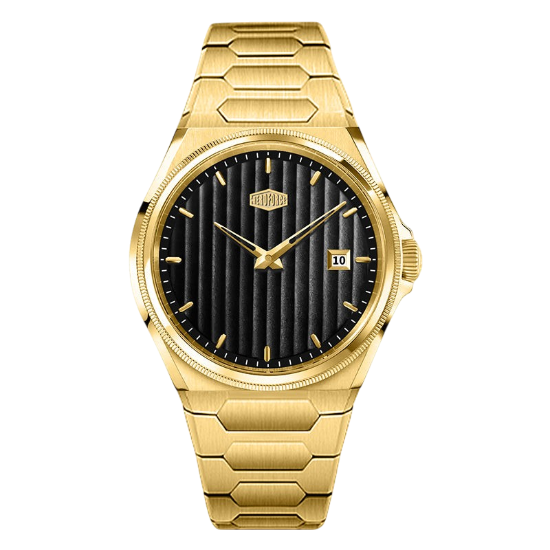 A men's gold-tone stainless steel watch with a textured black dial, gold-tone hour markers and hands, and a date window at 3 o'clock, shown on a solid white background.
