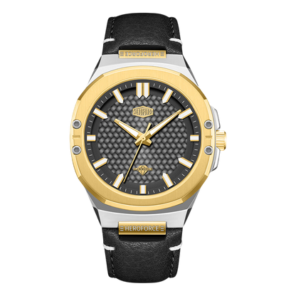 Gold and black watch with visible brand name on a white background