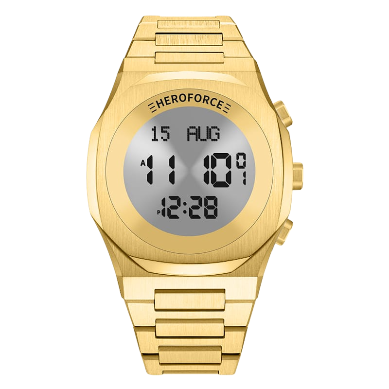 Gold digital wristwatch with metallic band, three side buttons, and display