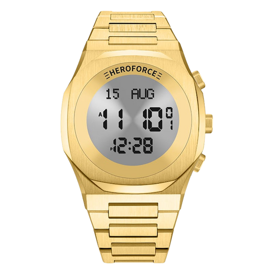 Gold digital wristwatch with metallic band, three side buttons, and display