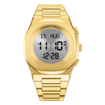 Gold digital wristwatch with metallic band, three side buttons, and display