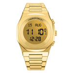 Gold digital wristwatch with metallic band, three side buttons, display showing brand “HEROFORCE,” 