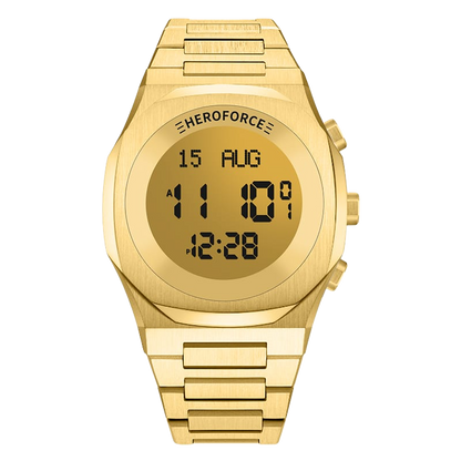 Gold digital wristwatch with metallic band, three side buttons, display showing brand “HEROFORCE,” 