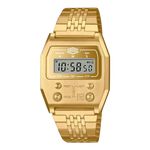 Gold digital wristwatch with rectangular face, polished gold band, and smooth bezel edges.