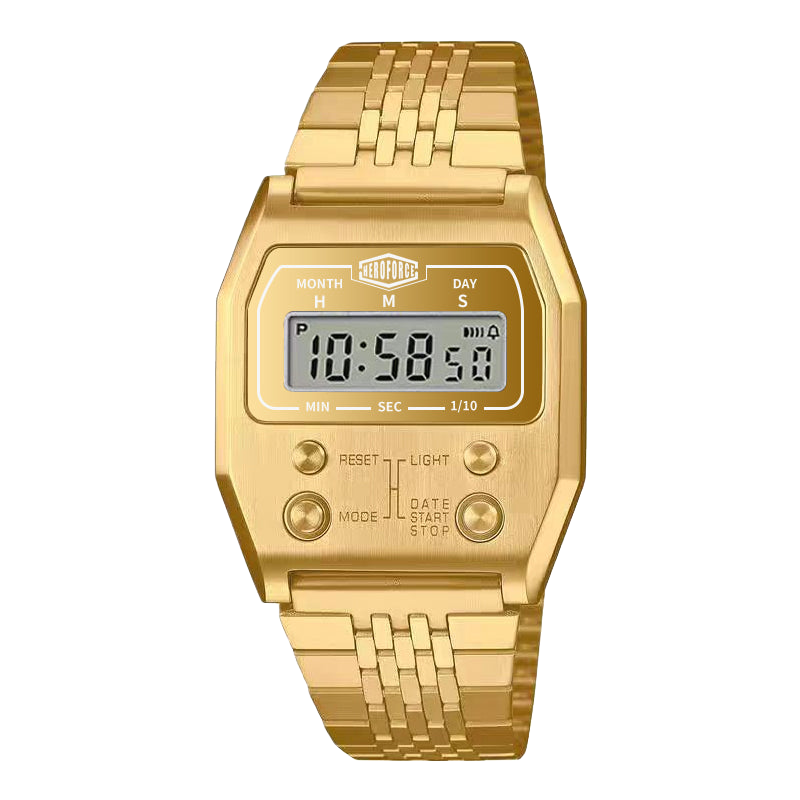 Gold digital wristwatch with rectangular face, polished gold band, and smooth bezel edges.