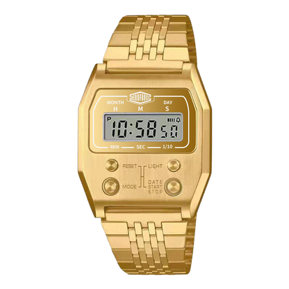 Gold digital wristwatch with rectangular face, polished gold band, and smooth bezel edges.