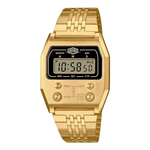  Gold digital wristwatch with rectangular face, gold band, and contrasting black center display.