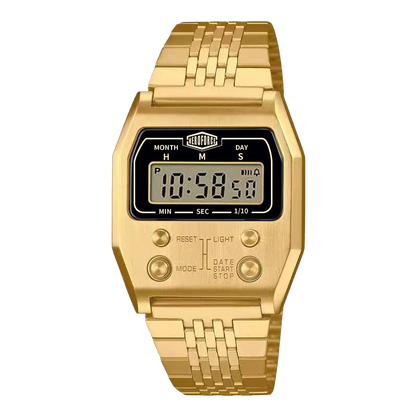  Gold digital wristwatch with rectangular face, gold band, and contrasting black center display.