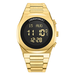 Gold digital wristwatch with round black display, metallic band, three side buttons, showing brand “HEROFORCE,” 