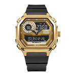 Gold hexagonal wristwatch with black strap, hybrid analog-digital display 