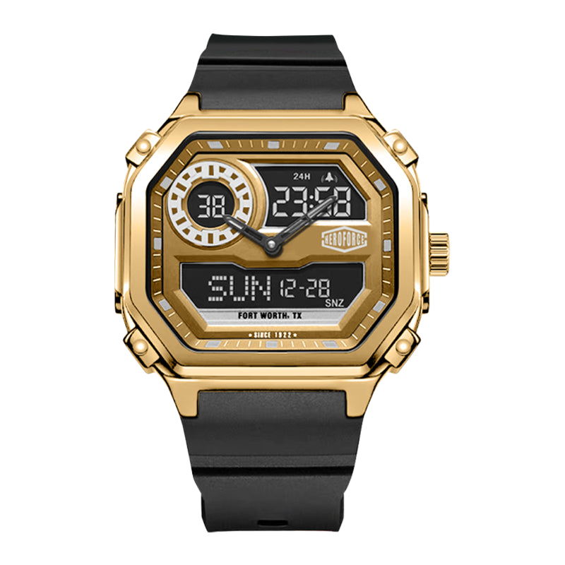 Gold hexagonal wristwatch with black strap, hybrid analog-digital display 