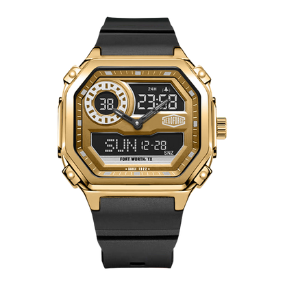 Gold hexagonal wristwatch with black strap, hybrid analog-digital display 