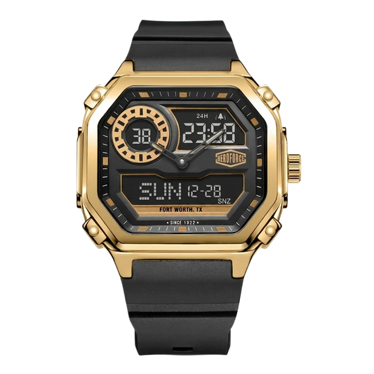 Gold octagonal wristwatch with black rubber strap, hybrid analog-digital display