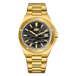 A gold-tone stainless steel wristwatch with a black wave-pattern dial, gold-tone hour markers and hands, and a date window at the 3 o'clock position, shown on a solid white background.