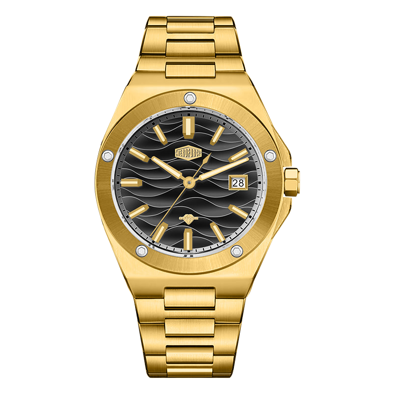 A gold-tone stainless steel wristwatch with a black wave-pattern dial, gold-tone hour markers and hands, and a date window at the 3 o'clock position, shown on a solid white background.