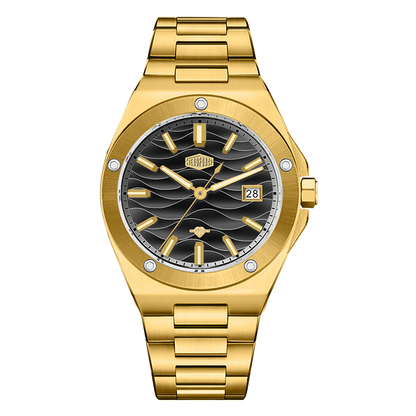 A gold-tone stainless steel wristwatch with a black wave-pattern dial, gold-tone hour markers and hands, and a date window at the 3 o'clock position, shown on a solid white background.