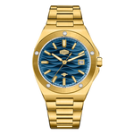 Gold tone stainless steel wristwatch with a blue wave patterned dial and date display.